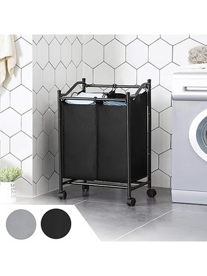 Çamaşır Ayırıcı, Tekerlekli ve 2 Bölmeli, Çamaşır Sepeti, Çıkarılabilir Çantalı Çamaşır Arabası, Toplam Kapasite 90 L, Siyah, LSF002BK
