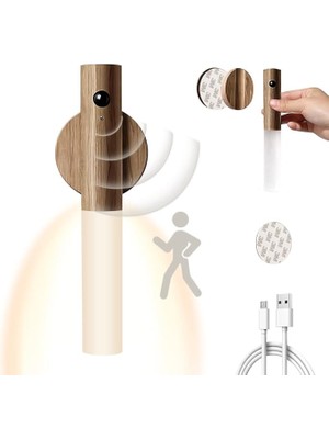 USB ile Şarj Edilebilir Duvar Lambası, Ahşap, Iç Mekan, Hareket Sensörlü, Indüksiyonlu, Pilli LED Duvar Lambası, Sıcak Beyaz, Manyetik Yatak Lambası, Oturma Odası, Yatak Odası, Merdiven