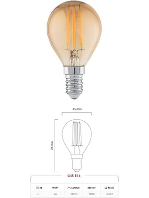 LED Filament Ampul 4 Watt E14 Duy Sarı Işık Dekoratif Vintage Aydınlatma (1, G45 Amber Cam)