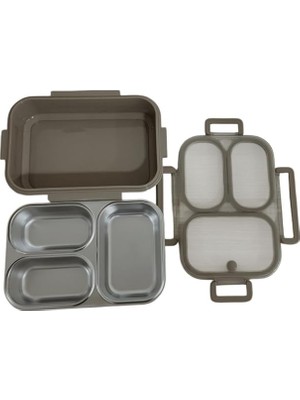 Bento Dikdörtgen 3 Bölmeli Lunch Box Yemek Termosu Kahverengi 1000 ml