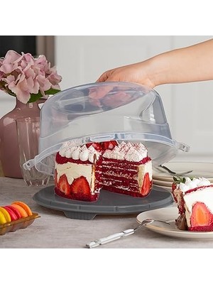 1091 Antrasit Yuvarlak Kek Pasta Börek Saklama Kabı - Kilitli Kapaklı Taşıma Fanusu 25 cm