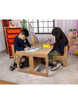 Iki Kişilik Çekmeceli Ahşap Çocuk Oyun & Aktivite Masa ve Sandalye Takımı - 18MM Ceviz Renk Mdf
