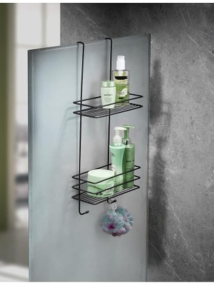 Haus Ömür Boyu Paslanmaz 2 Katlı Askılı Banyo Duş Rafı Sabunluk Duşakabin Şampuanlık Siyah
