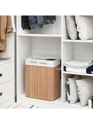 Home Doğal Bambu Katlanabilir Kirli Çamaşır Sepeti, Yıkanabilir Çıkarılabilir Astar Torbalı, Sele Görünümlü Şık ve Dayanıklı Çamaşır Sepeti, Kapaklı ve Ergonomik Tasarım (2 Bölmeli)