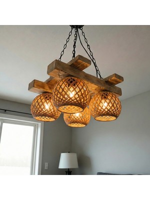 Celestia Home Rustik Avize El Yapımı 4’lü Kare Masif Ahşap Hasır Örgü Başlıklı – Salon, Mutfak ve Oturma Odası Için Bohem Çiftlik Evi Tarzı Zincirli Sarkıt Tavan Lambası (40X40 Cm)