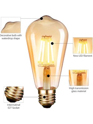 Edison Vintage LED Ampul E27 (4W/220V) 2600-2700 K Retro Antik, Kehribar Sıcak, 6'lı Paket