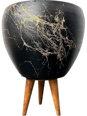 Tasarımı Ev Dekorasyon Siyah Üzeri Gold Mermer Efektli Toprak Saksı Saksılık Salon Çiçeklik 3 Ayaklı - 15 cm