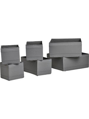 IKEA Quality 6 Parça Saklama Kutusu 6'lı Set Çekmece Dolap Içi Düzenleme Kutusu Organizer Koyu Gri Renk Polyester