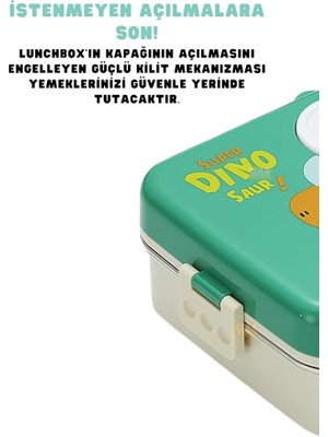 Bento 1120ML Lunchbox Dinozor Desenli Tek Katlı 3 Bölmeli Paslanmaz Çelik Sefer Tası Yemek Kutusu (Yeşil)