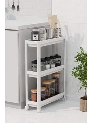Life 3 Katlı Tekerlekli Slim Ince Beyaz Banyo Mutfak Rafı MIT1125