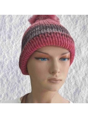 Urfakent El Örgüsü Doğal Yün ve Akrilik Karışımlı Sıcacık Kış Beresi Koyu Pembe Karışık