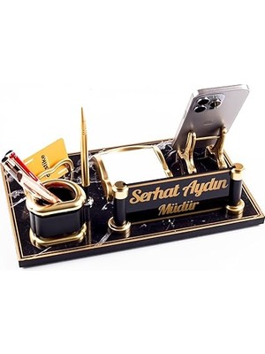 Royal Mermer Desen Ahşap Gold Kalemli Masa Isimliği Ofis Masaüstü Isimlik Seti Ofis Hediye Yeni Iş