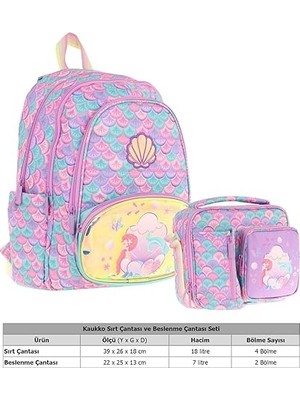 Kids Denizkızı Nakışlı ve Baskılı Okul Çantası (L5225) ve Thermo Beslenme Çantası (L7225) Seti - Kız Çocuk