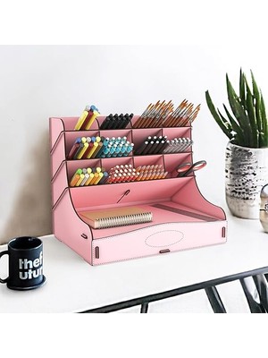 Chamber 12 Gözlü Büyük Boy Masaüstü Kalemlik Düzenleyici, Masaüstü Organizer Çekmeceli A4 Evrak Rafı (Pembe)