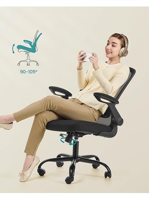 Ofis Koltuğu, Masa Sandalyesi, File Kaplamalı Döner Sandalye, Ergonomik, Yastıklı Bel Desteği, Sallanma Fonksiyonu, 53 cm Koltuk, Katlanır Kolçaklar, Siyah OBN37BK