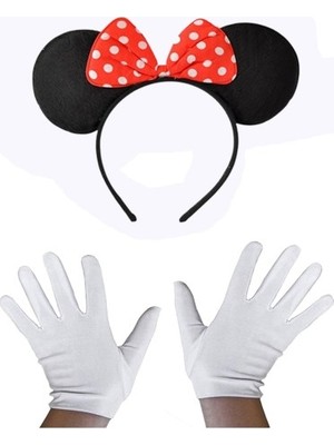 Akman Kırmızı Fiyonklu Minnie Mouse Tacı ve Beyaz Eldiven Seti