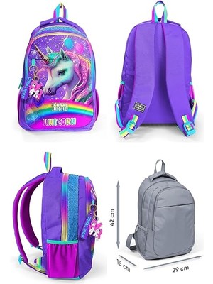 High Üç Gözlü Ilkokul ve Ortaokul Çanta Seti - Kız Çocuk - Mor Simli Unicorn Desenli