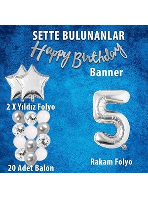 Gitti Gümüş Konsept Doğum Günü Kutlama Seti Beyaz Gümüş Konfetili Balon Rakam Yıldız Folyo ve Banner (5 Yaş)