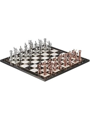 Büyük Boy Metal Roma Satranç Takımı Antik ve Katlanır Mermer Desenli Tahta
