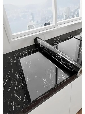 Mermer Desenli Yapışkanlı Folyo - Beyaz, 60 cm x 5 M - Mutfak Tezgahı ve Dolap Kaplama Kağıdı, Kolay Kesim ve Uygulama, Dayanıklı ve Su Geçirmez (Siyah Mermer)