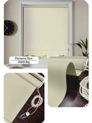 YS Perde Tasarım Panama Mat Keten Ekstra Kalın Lüx Güneşlik Stor Perde, Alüminyum Kasalı Yüksek Kaliteli - Bej PNM/BJW1130