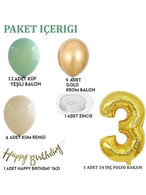 Yaş Küf Yeşili, Deniz Kumu ve Krom Gold Balonlu Konsept Doğum Günü Seti