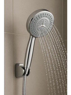 Mercedes Yıldız Desenli Duş Başlığı – Yüksek Basınçlı El Duşu, 3 Fonksiyonlu, Paslanmaz Çelik Hortumlu, Duvara Monte, Kireç Önleyici Nozullar