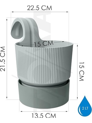 Ixora Tek Askılı Balkon Saksısı Tabaklı Mat Plastik Saksı (4 Adet, Gri)