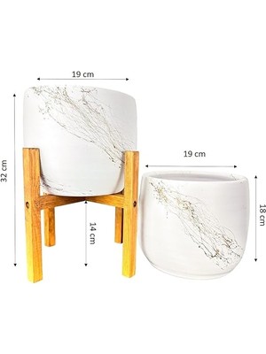 Tasarımı Ev Dekorasyon Aksesuar Beyaz Üzeri Gold Mermer Efektli Toprak Saksı Saksılık Salon Çiçeklik Ikili Set Ayaksız - 4 Ayaklı- 19 cm