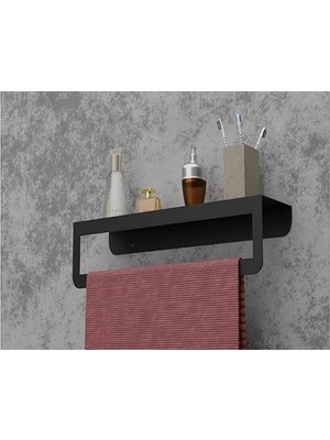 Siyah Havlu Tutacağı Raf Metal Havlu Askısı Mutfak Banyo Raflı Havluluk Metal Raflı Havluluk MT42S