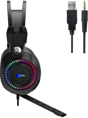 HT405 3.5mm Jack+Usb Kulak Üstü Rgb LED Aydınlatmalı Konforlu Kulak Yastıkları 50MM Hassas 100DB Ses Sürücüleri Askılı Kafa Bandı Profesyonel Tip Kablolu Mikrofonlu Oyuncu Kulaklığı Siyah