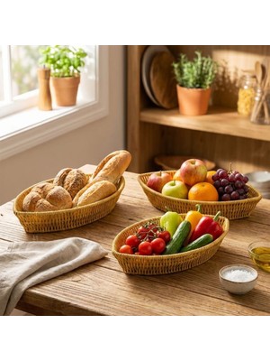 ForWhat Büro Ev Ofis Düzeni Için 3parça Hasır Stil Rattan Plastik Kayık Model Sunum Sepet Seti