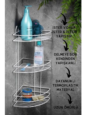 Boyu Paslanmaz Yapışkanlı Banyo Köşeliği Düzenleyici Şampuanlık Duş Rafı Beyaz Ek-03