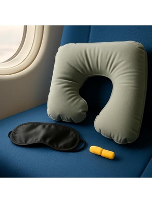 Konfor Seti – Şişme Boyun Yastığı, Göz Bandı ve Kulak Tıkacı 3'lü Kit