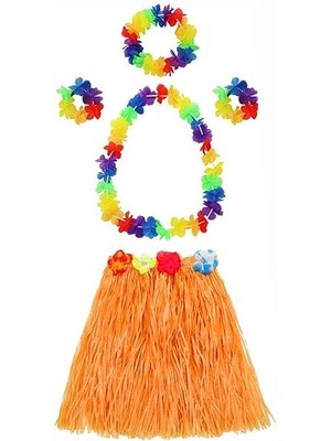 Urfakent Yetişkin ve Çocuk Uyumlu Luau Aloha Hawaii Turuncu Etek ve Renkli Kolye Taç 2 Adet Bileklik Seti