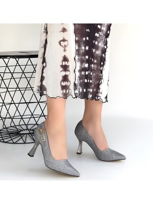 SEPET365 Cerin Gümüş Saten Simli Topuklu Ayakkabı