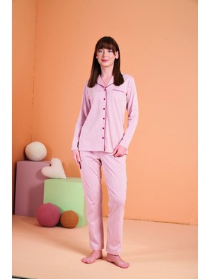 Pjs 28001 Kadın Uzun Kol Çizgili Önü Düğmeli Pijama Takım