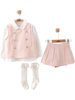 Kız Çocuk Düğmeli Yelekli Etek Gömlek Bayramlık Şık Takım 2 Yaş, 3 Yaş, 4 Yaş, 5 Yaş