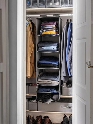 IKEA Quality Asılabilir 6 Bölmeli Saklama Kutusu 35X45X125 cm Dolap Içi Düzenleyici Organizer Koyu Gri Renk Polyester