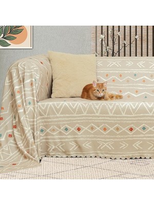 Boho Etnik Desenli Mikrofiber Koltuk Örtüsü ve Şalı, Kaymaz Bej 180X300 cm