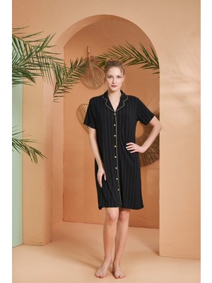 Pjs 27043 Kadın Kısa Kol Çizgili Önü Düğmeli Gecelik