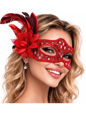 Magicool Kırmızı Tüylü Balo Maskesi Kadın Parti Aksesuarı