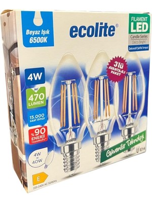 4W LED Filament Mum Ampul, E14 Duy, 6500K Beyaz Işık, 470 Lümen, Şeffaf Cam, Akkor Görünümlü Dekoratif Lamba, 3'lü Paket (Beyaz)