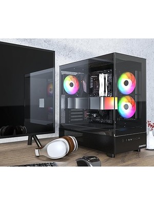 Xr, Atx Mid-Tower Pc Oyun Kasası, 3 x 120MM Argb Pwm Fanlar Önceden Yüklenmiş, Tam Görünüm Çift Temperli Cam Panel, Ahşap Tahıl Tasarım G/ç Arabirimi, 4090 Gpu'ları Destekleyin, 360MM Radyatör