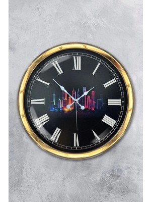 Kasva Concept Hediyelik 40 cm Gold Metal Gökdelenler Duvar Saati