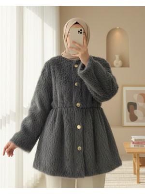 Modamorfo Içi Astarlı Beli Büzgülü Kürklü Ceket -Füme