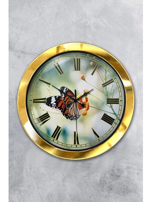 Kasva Concept Hediyelik 36 cm Gold Metal Kelebek Duvar Saati