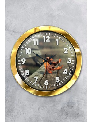 Kasva Concept Hediyelik 36 cm Gold Metal Yaprak Duvar Saati