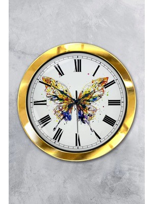 Kasva Concept Hediyelik 36 cm Gold Metal Kelebek Duvar Saati