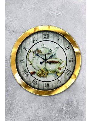 Kasva Concept 36 cm Gold Metal Çaydanlık Mutfak Duvar Saati